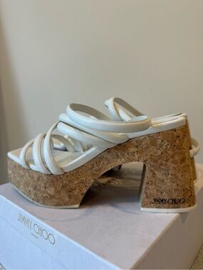 Jimmy Choo 37.5 Cecilia White Cork Block-Heel Wedge Sandals